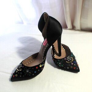 Betsey Johnson Mayson Bejeweled Black Satin Stiletto Heels, 6M, EUC